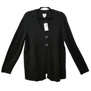 Chico's Classic Chic Joslyn Black Ribbed Knit V-Neck Button Front Cardigan Sz 3